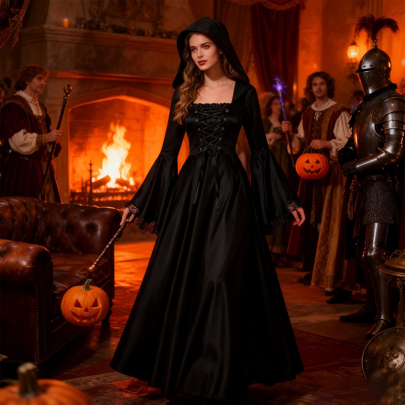 Fantasia de Bruxa de Halloween - Medieval Renaissance Dress Women avaliação e preço